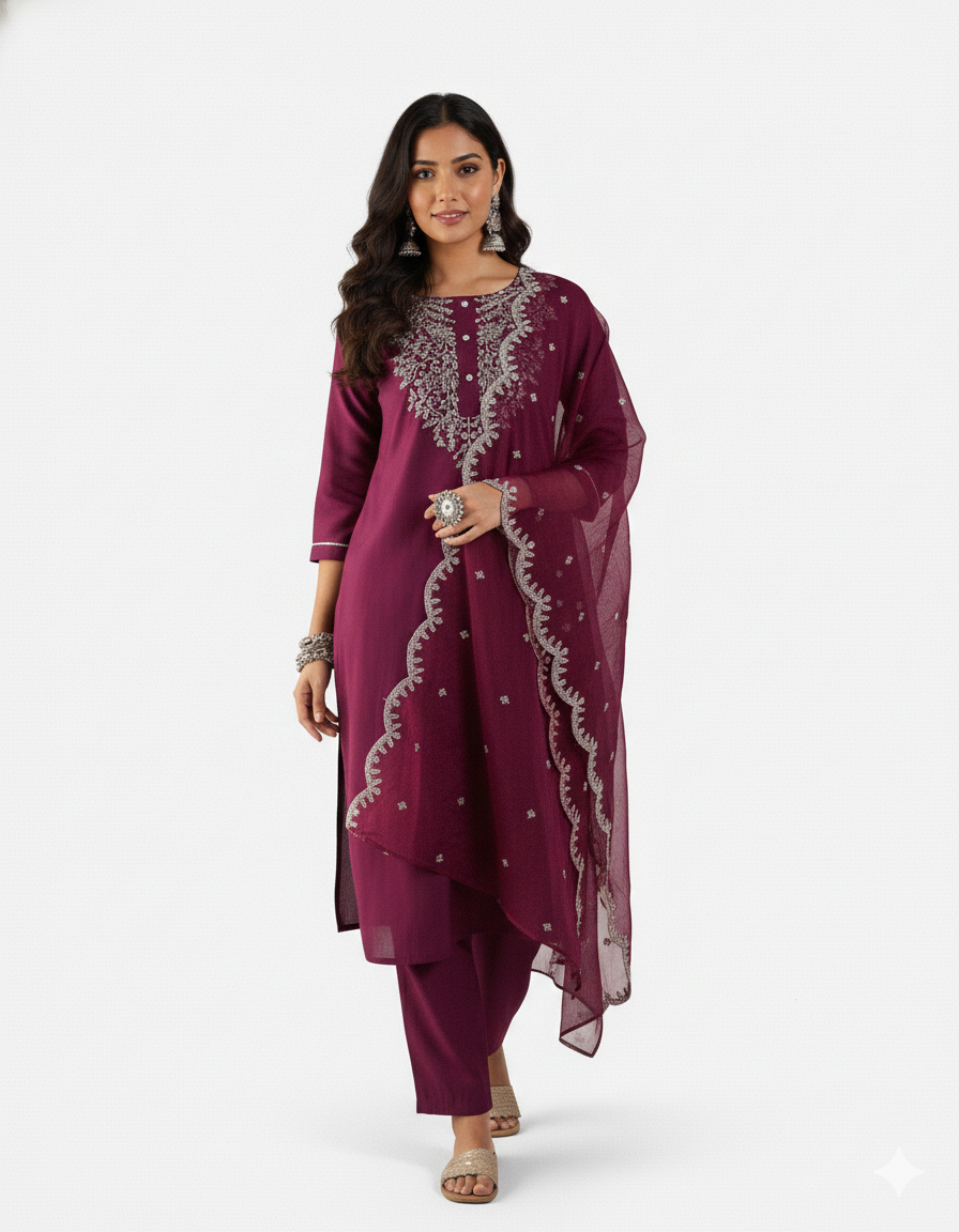 Wine Embroidered Kurta Set with Matching Dupatta