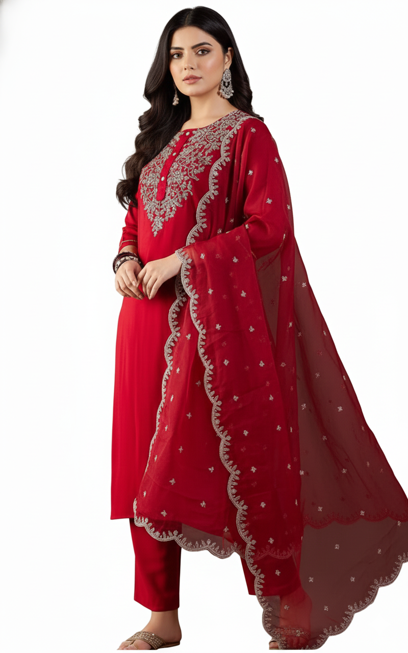 Wine Embroidered Kurta Set with Matching Dupatta