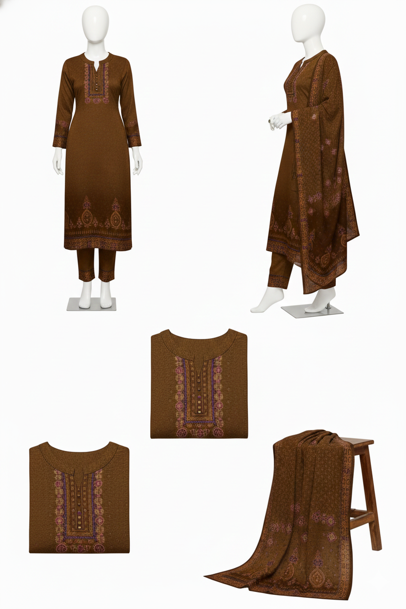 Rust Red Traditional Printed Woolen Kurta Set