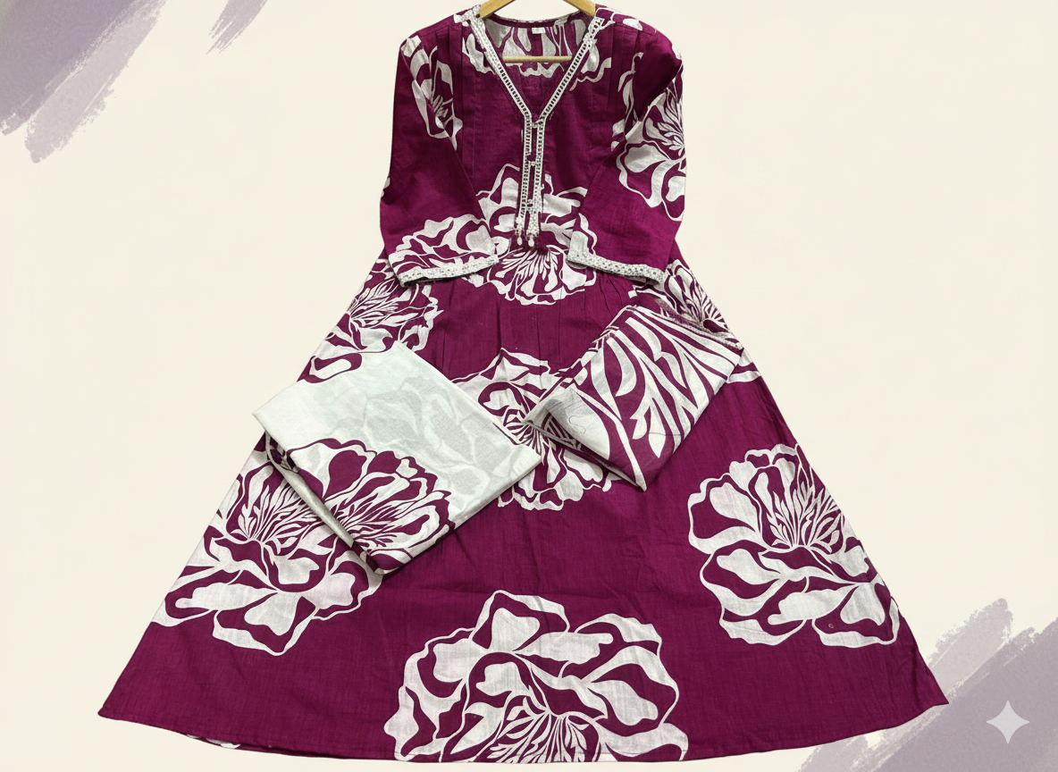 Wine Purple Hand Block Print Cotton Kurta Set with Dupatta
