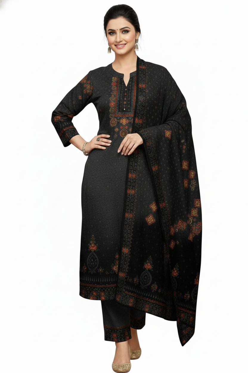 Rust Red Traditional Printed Woolen Kurta Set