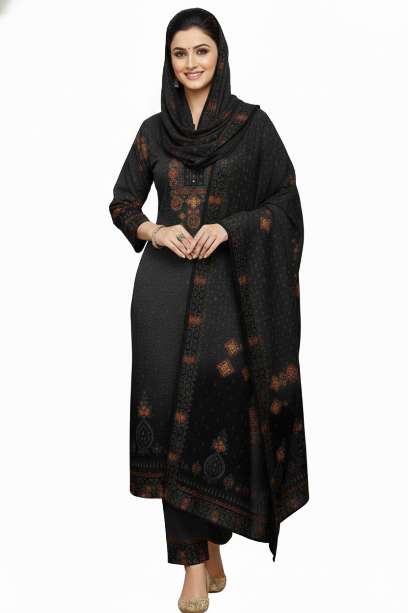 Rust Red Traditional Printed Woolen Kurta Set