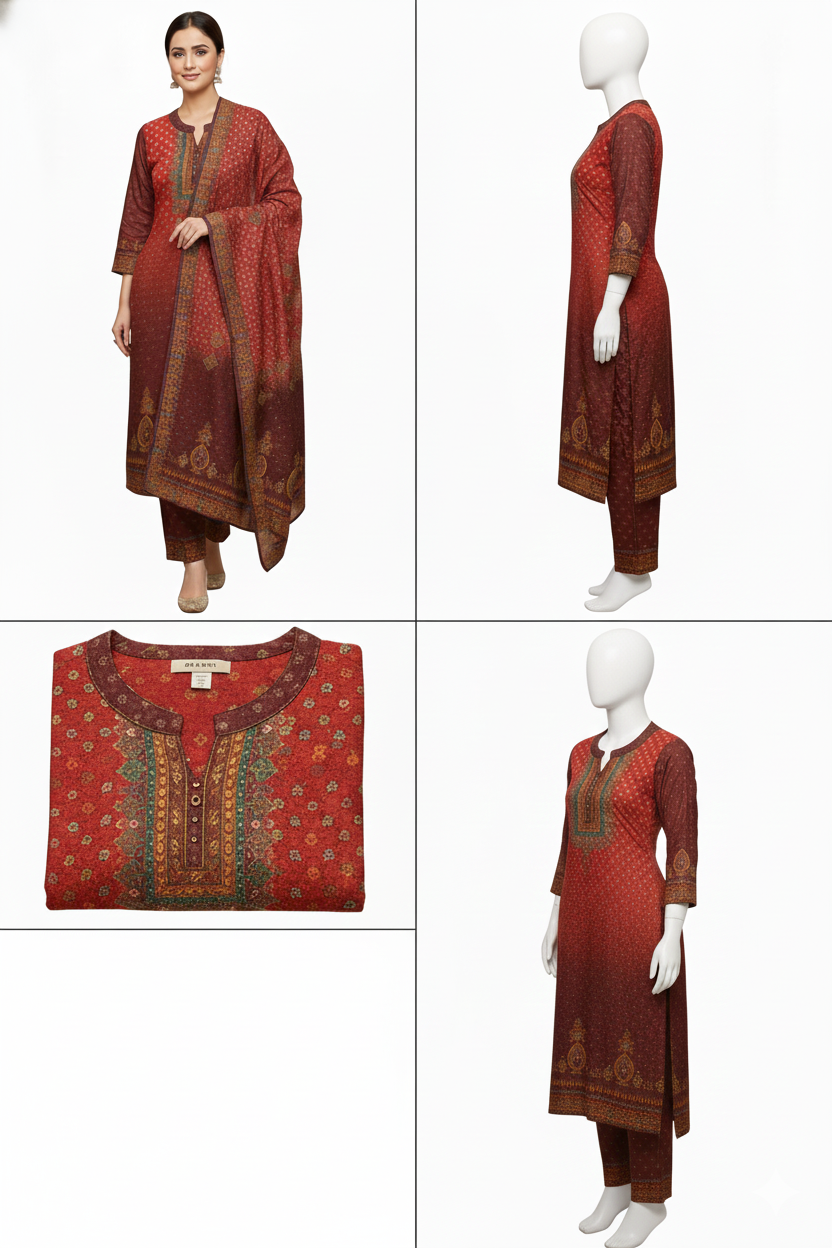 Rust Red Traditional Printed Woolen Kurta Set