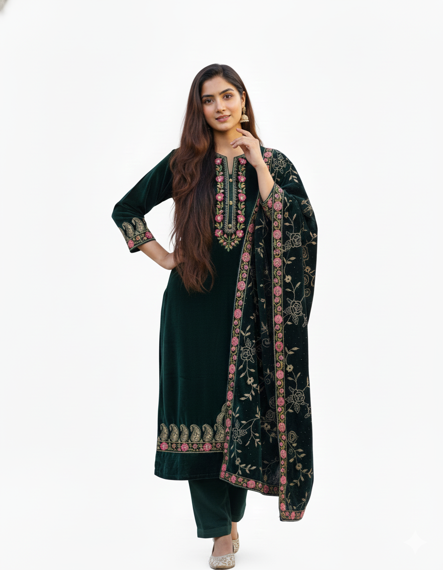 Elegant Dark Green Woolen Velvet Kurta Set