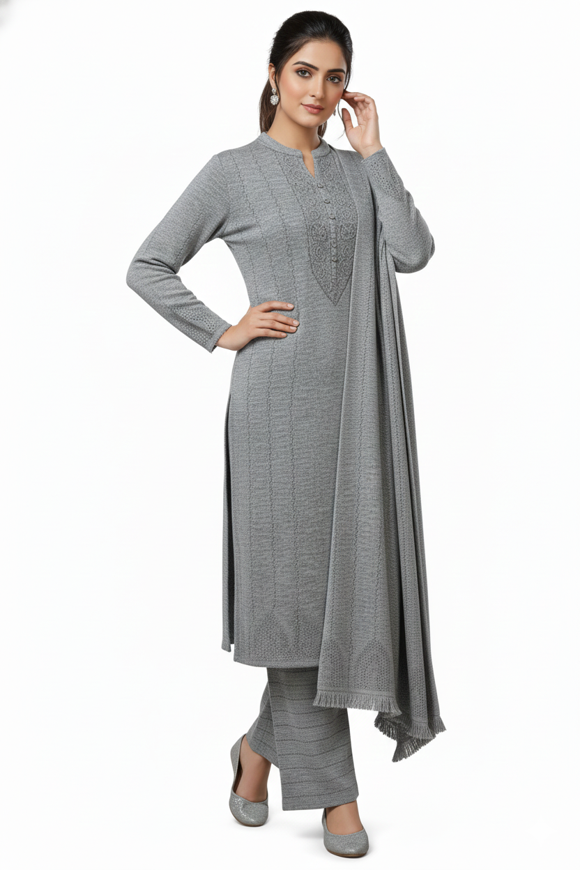 Grey Woolen 3 piece Kurta Set