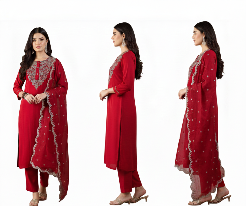 Wine Embroidered Kurta Set with Matching Dupatta