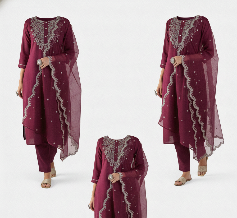 Wine Embroidered Kurta Set with Matching Dupatta