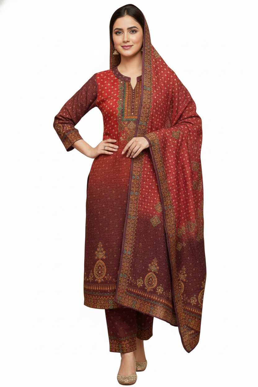 Rust Red Traditional Printed Woolen Kurta Set
