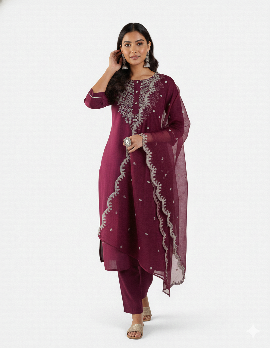 Wine Embroidered Kurta Set with Matching Dupatta