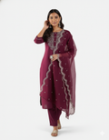 Wine Embroidered Kurta Set with Matching Dupatta