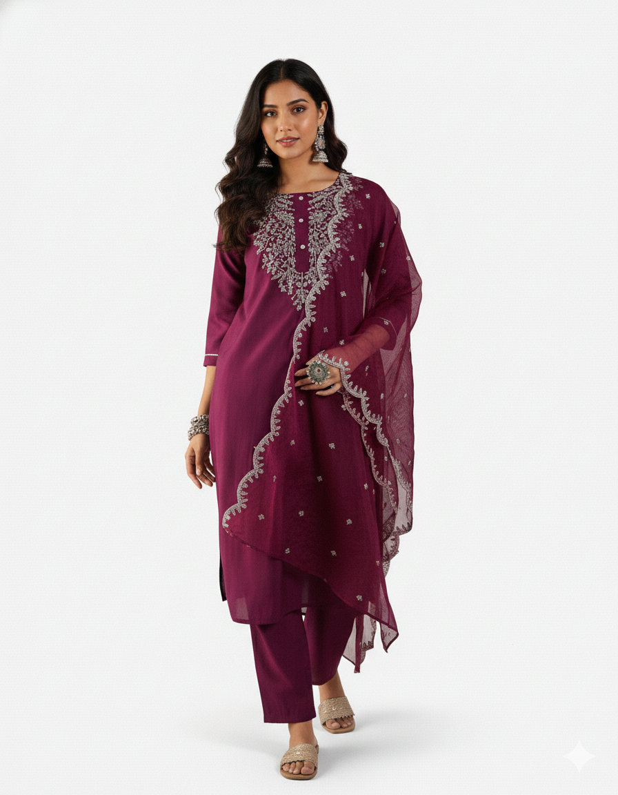 Wine Embroidered Kurta Set with Matching Dupatta