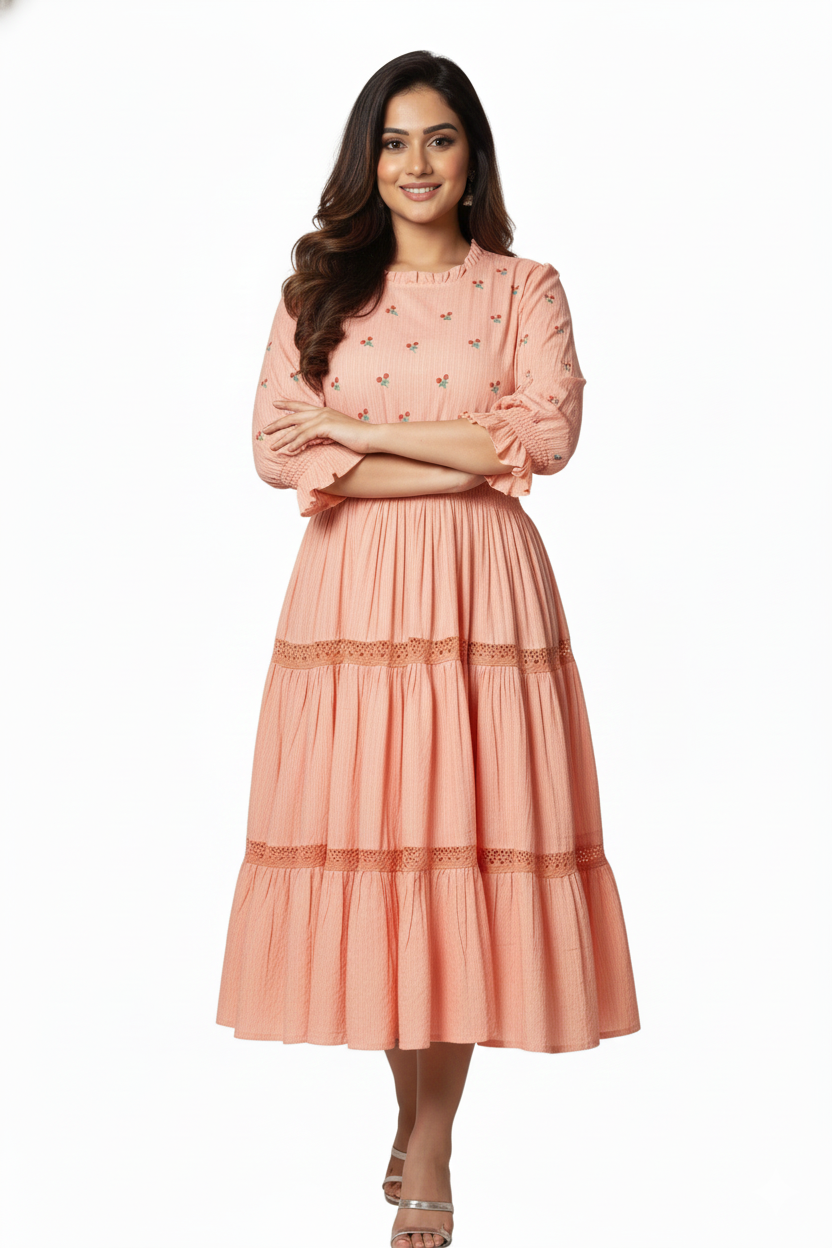 Peach Floral Printed Midi Dress