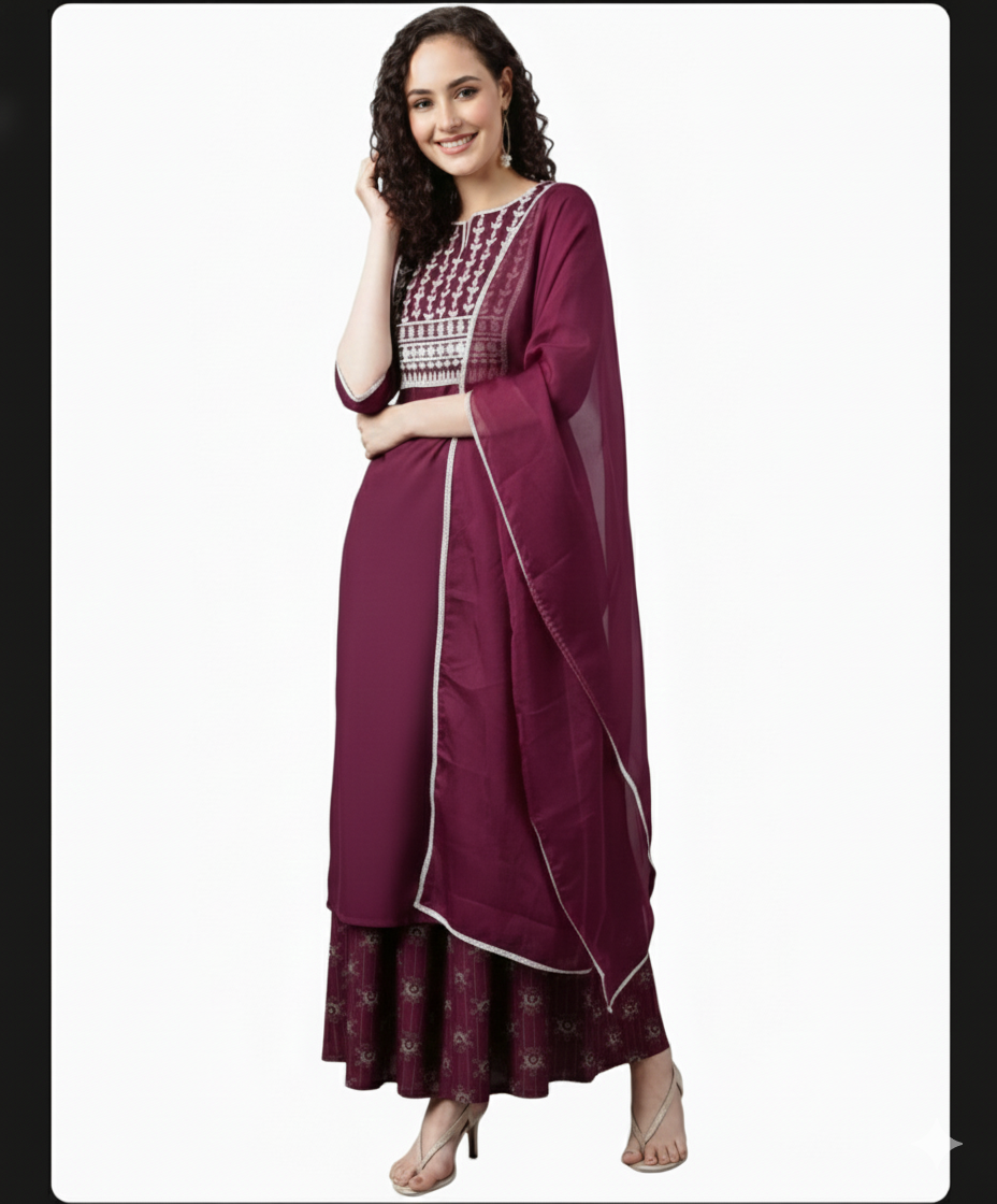 Wine Embroidered Kurta Sharara Set | Festive & Elegant Ethnic Wear