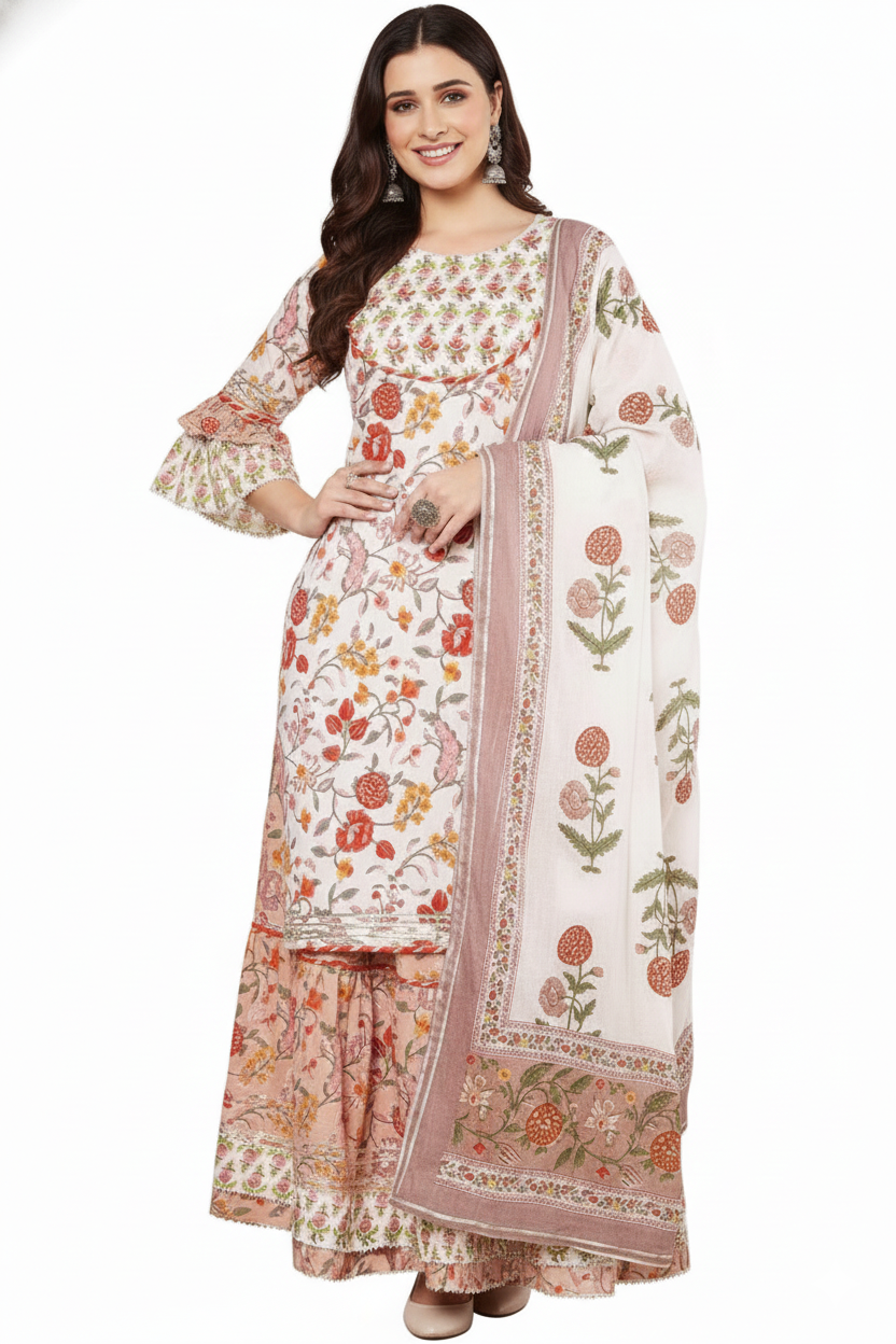 Blush Floral Print Sharara Suit | Festive & Stylish