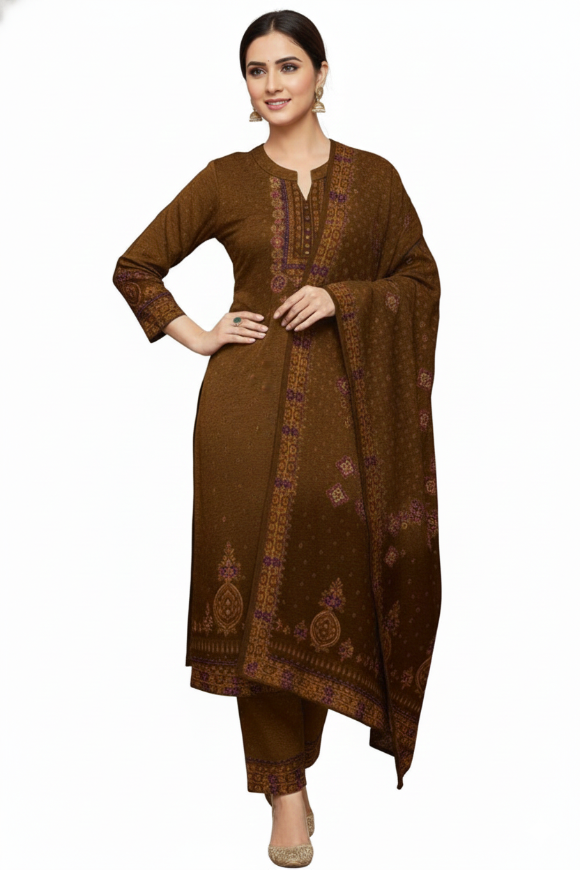 Rust Red Traditional Printed Woolen Kurta Set