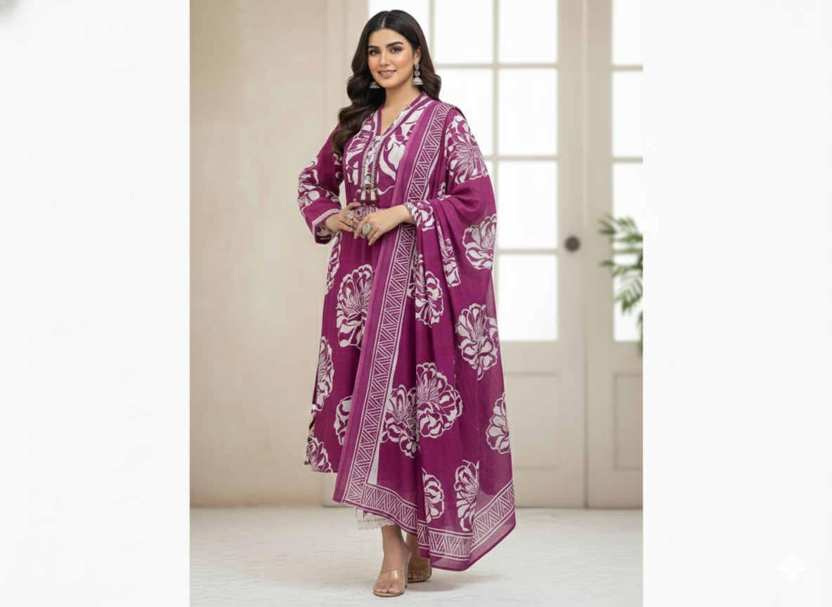 Wine Purple Hand Block Print Cotton Kurta Set with Dupatta