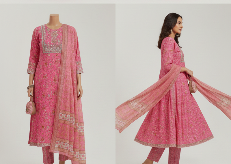 Premium Pink Floral Printed Cotton Kurta Set with Dupatta