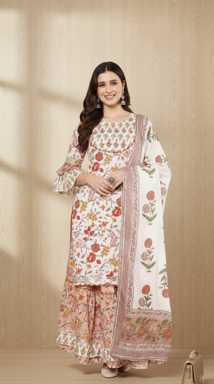Blush Floral Print Sharara Suit | Festive & Stylish