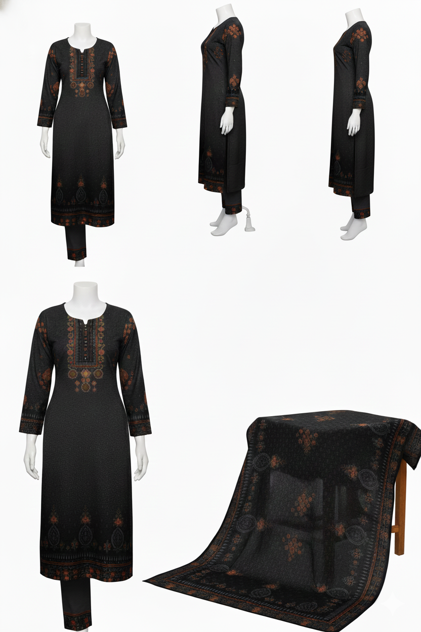 Rust Red Traditional Printed Woolen Kurta Set