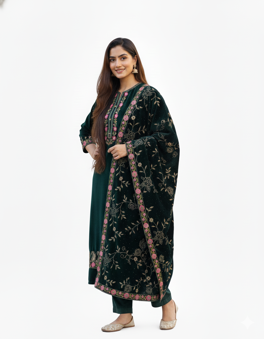 Elegant Dark Green Woolen Velvet Kurta Set