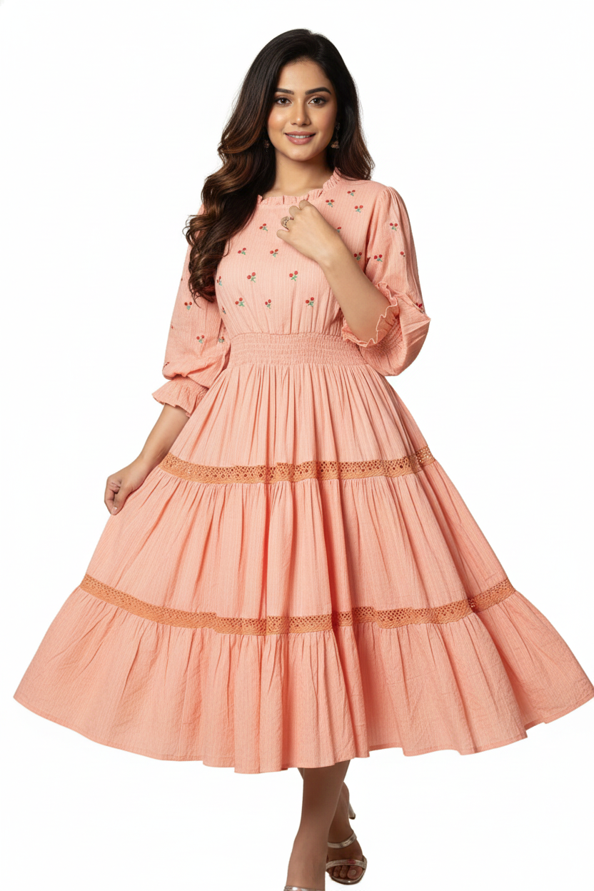 Peach Floral Printed Midi Dress