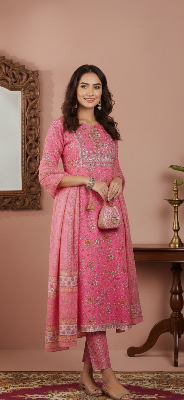Premium Pink Floral Printed Cotton Kurta Set with Dupatta