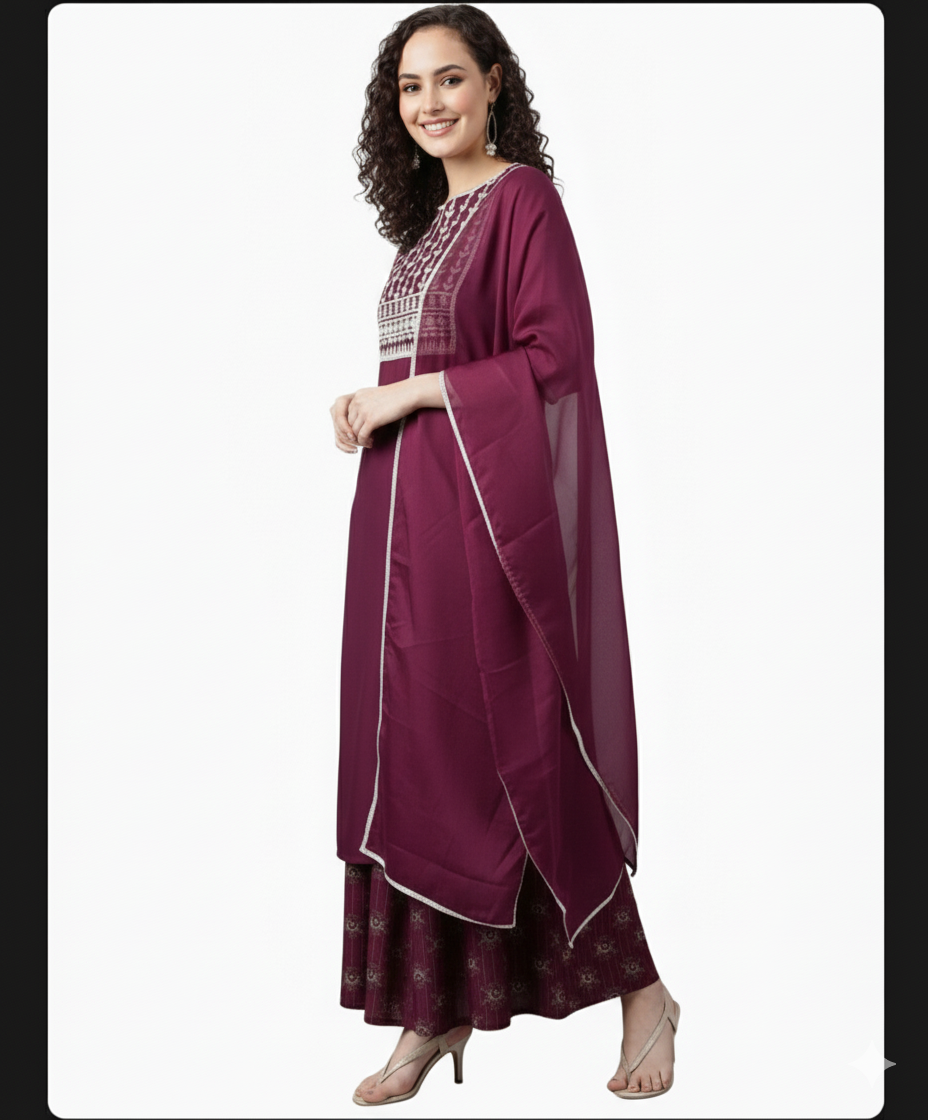 Wine Embroidered Kurta Sharara Set | Festive & Elegant Ethnic Wear