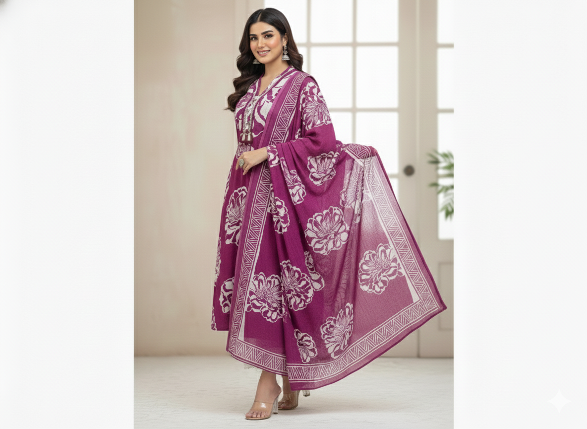 Wine Purple Hand Block Print Cotton Kurta Set with Dupatta