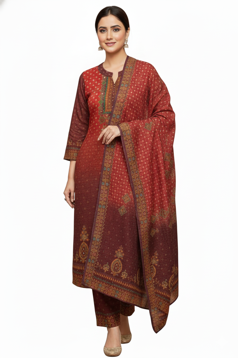 Rust Red Traditional Printed Woolen Kurta Set