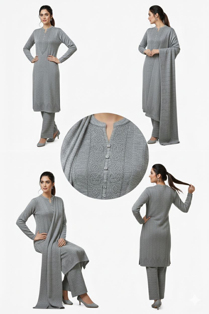 Grey Woolen 3 piece Kurta Set
