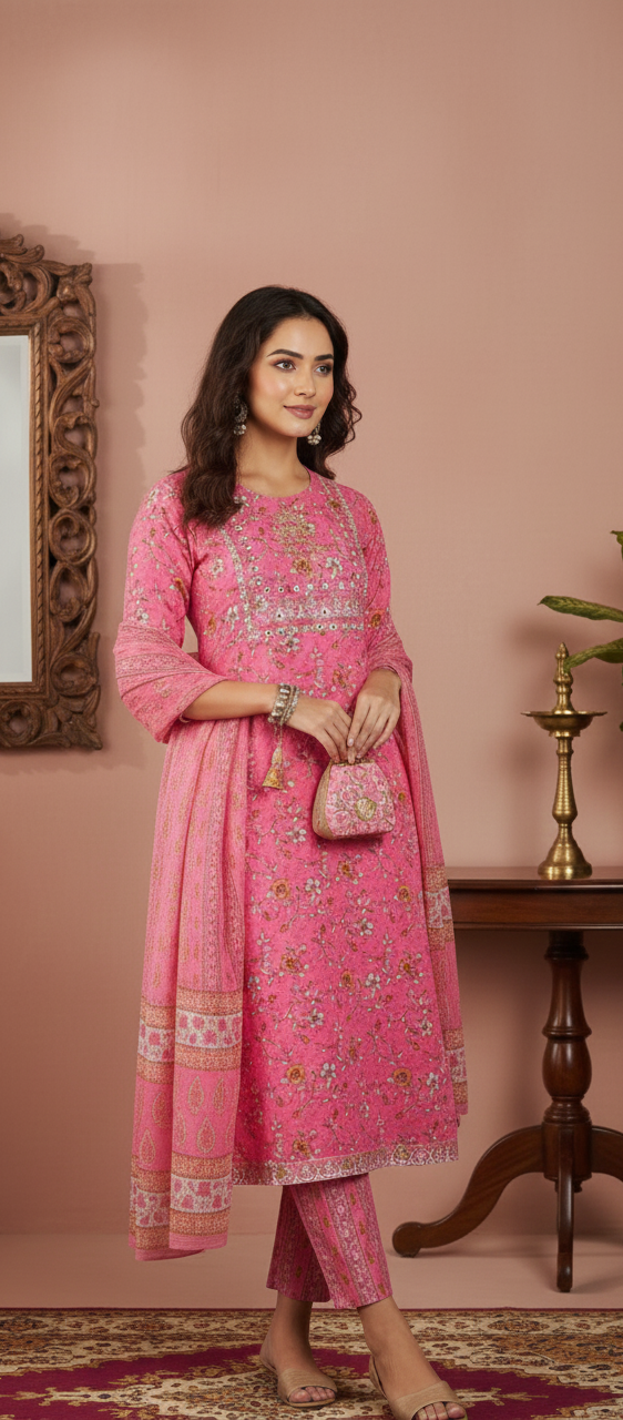Premium Pink Floral Printed Cotton Kurta Set with Dupatta