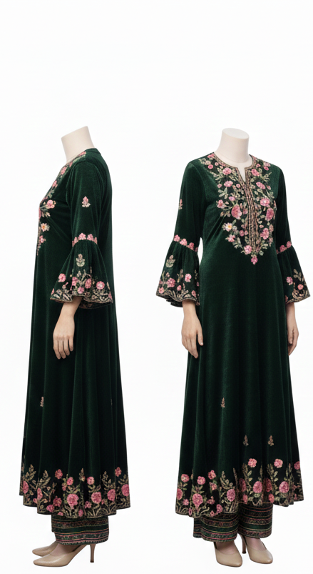 Elegant Dark Green Woolen Velvet Kurta Set