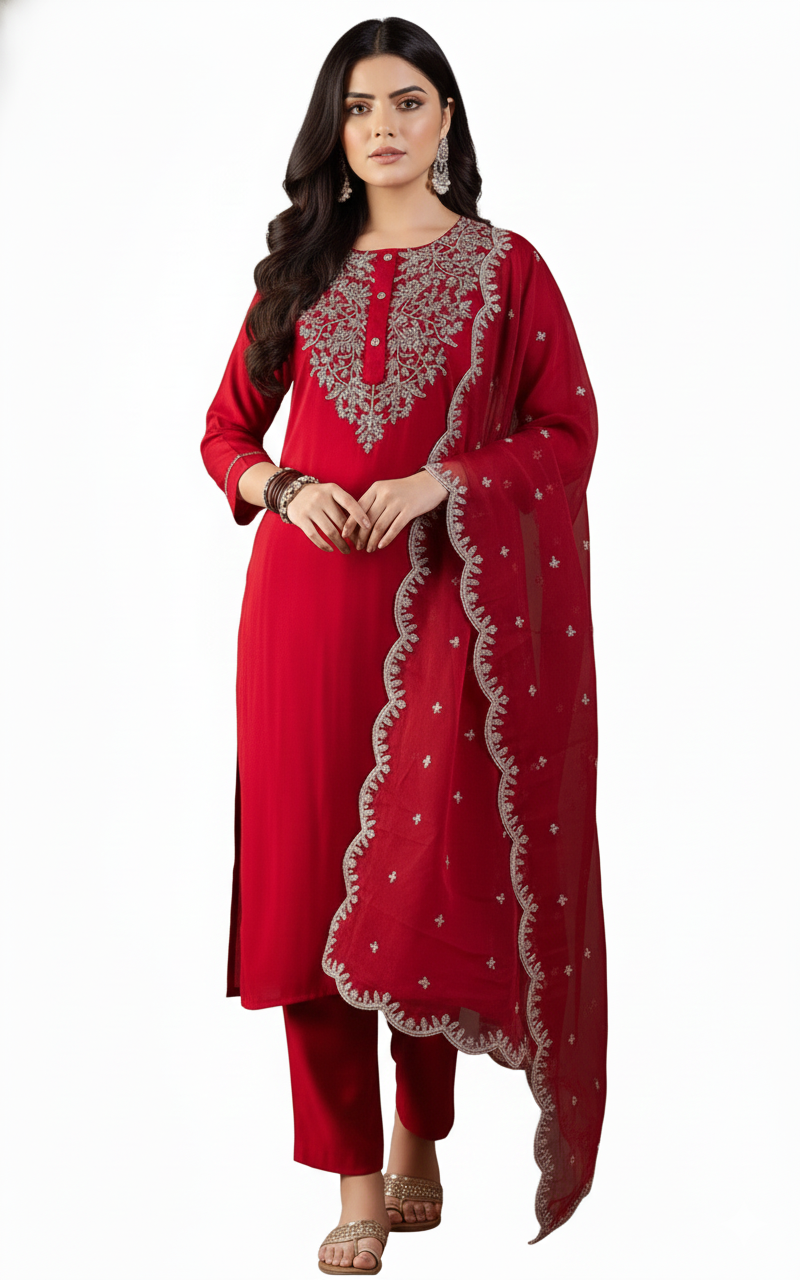 Wine Embroidered Kurta Set with Matching Dupatta