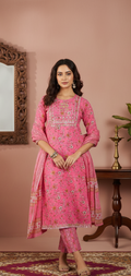 Premium Pink Floral Printed Cotton Kurta Set with Dupatta