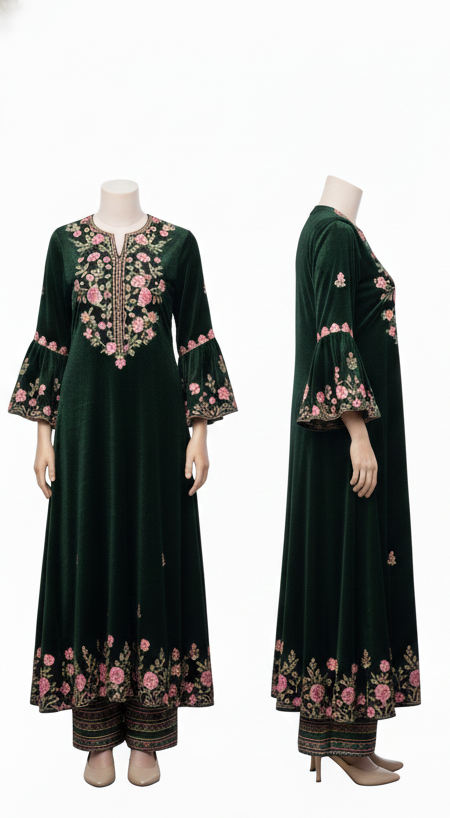 Elegant Dark Green Woolen Velvet Kurta Set
