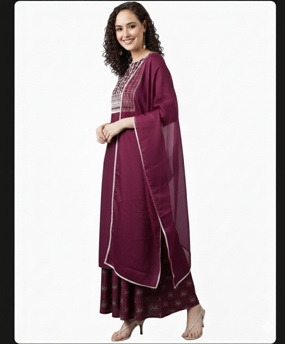 Wine Embroidered Kurta Sharara Set | Festive & Elegant Ethnic Wear