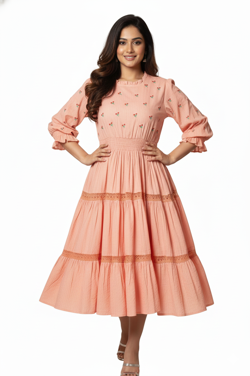 Peach Floral Printed Midi Dress