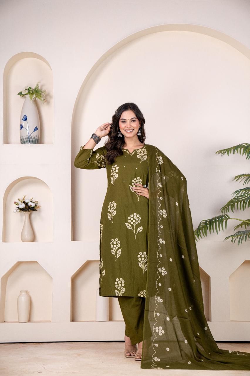 Pure Cotton Hand Work Kurta Pant Set with Dupatta for Women