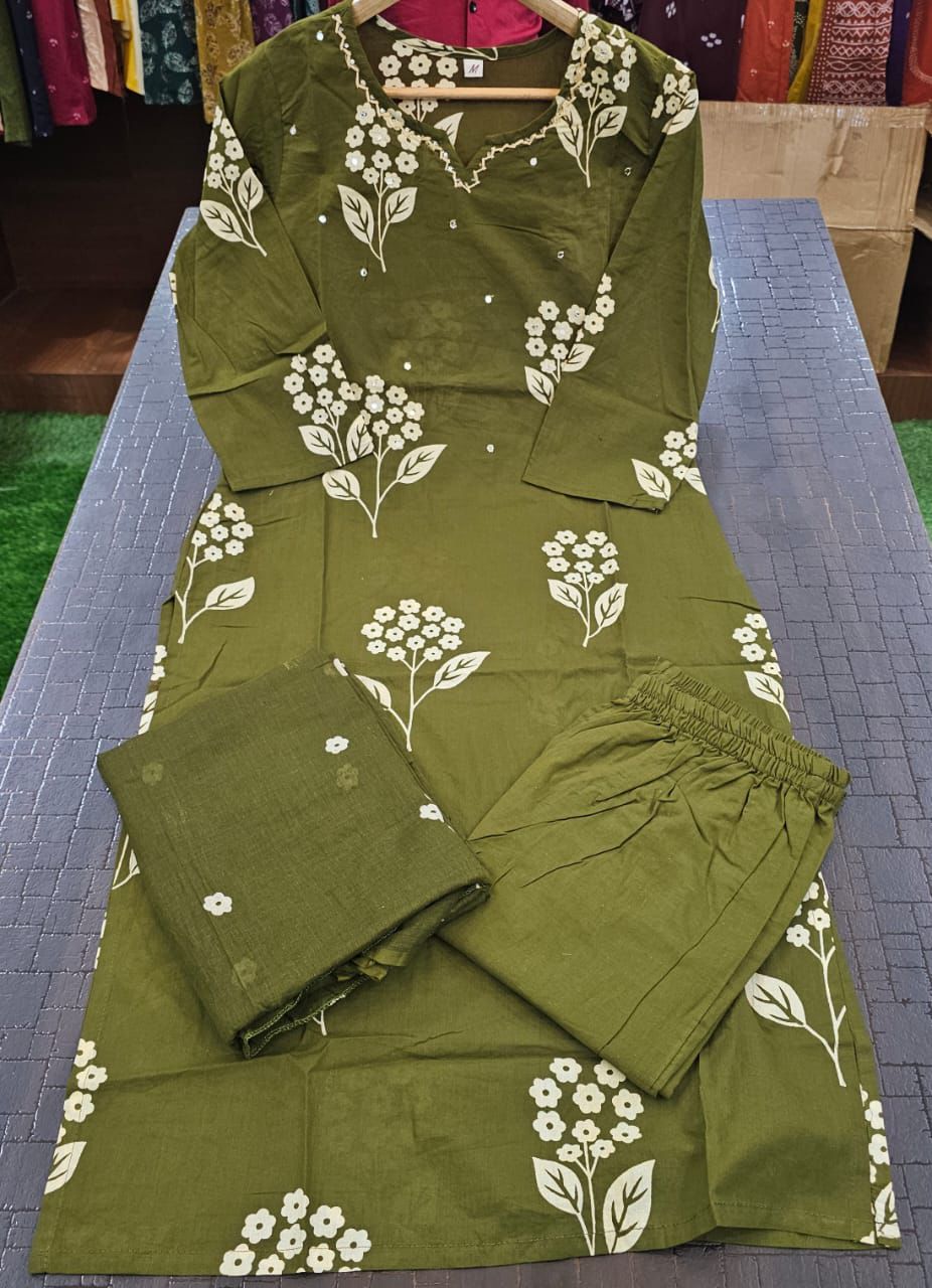 Pure Cotton Hand Work Kurta Pant Set with Dupatta for Women