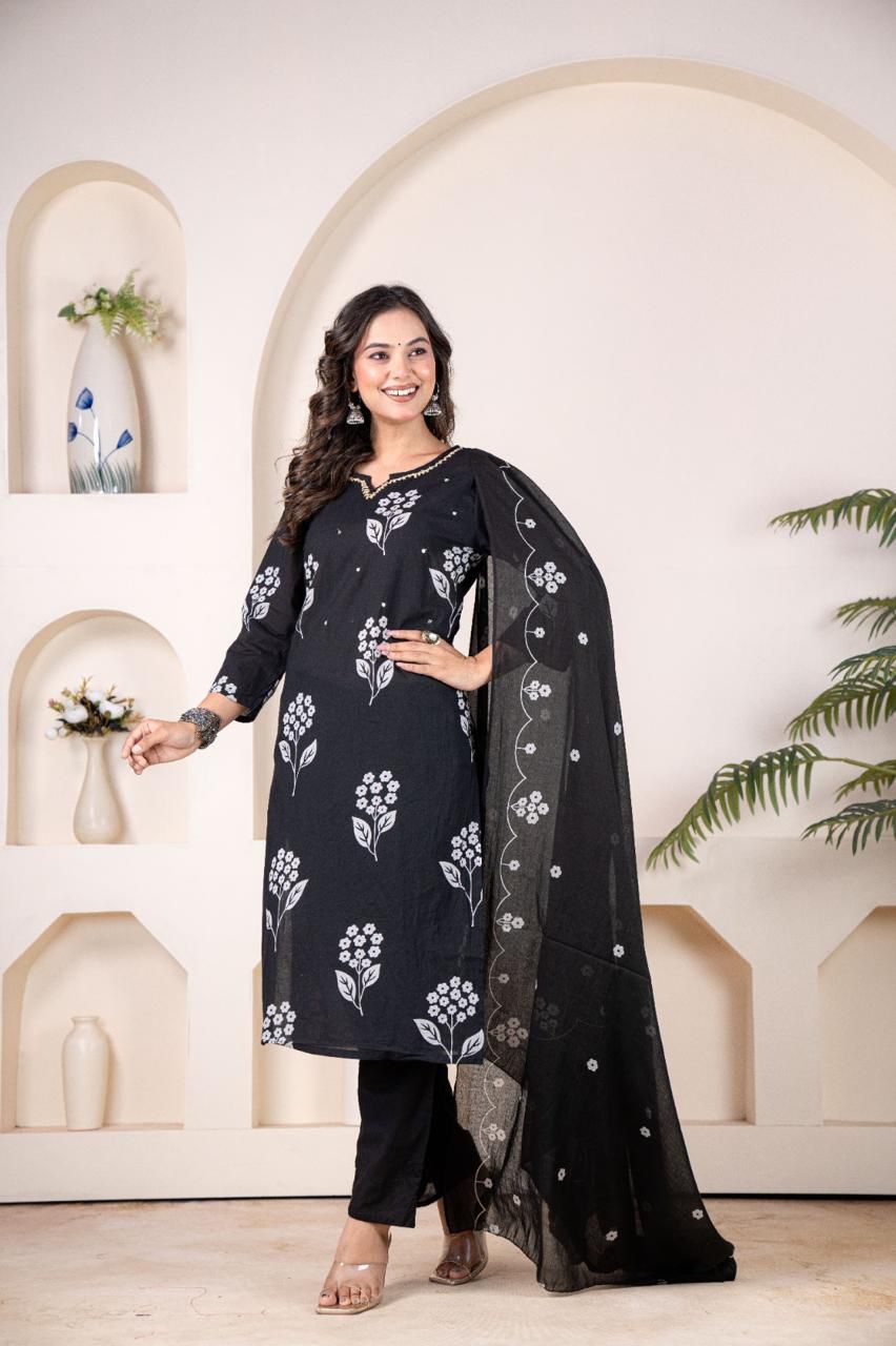 Pure Cotton Hand Work Kurta Pant Set with Dupatta for Women
