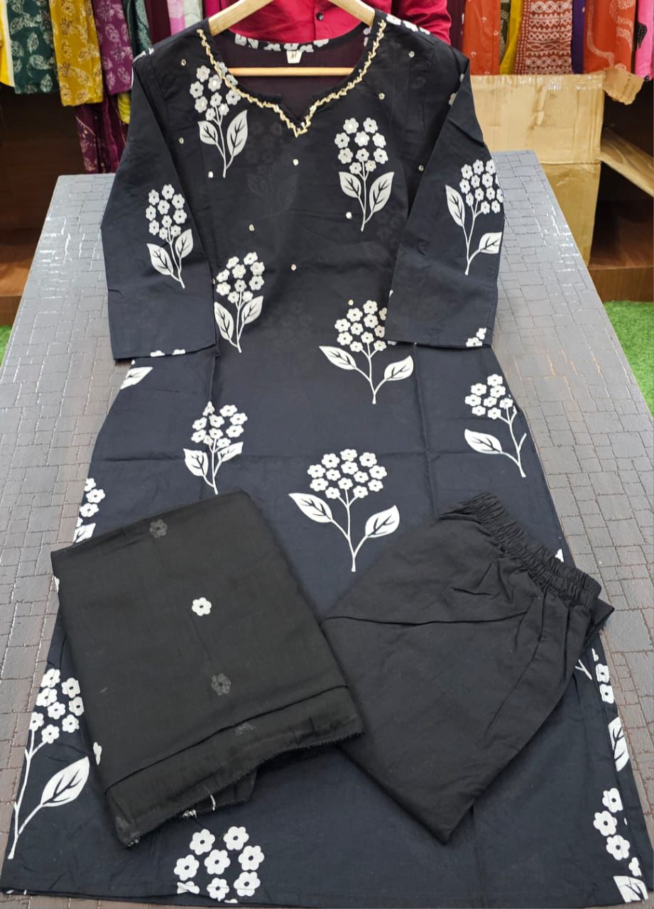 Pure Cotton Hand Work Kurta Pant Set with Dupatta for Women