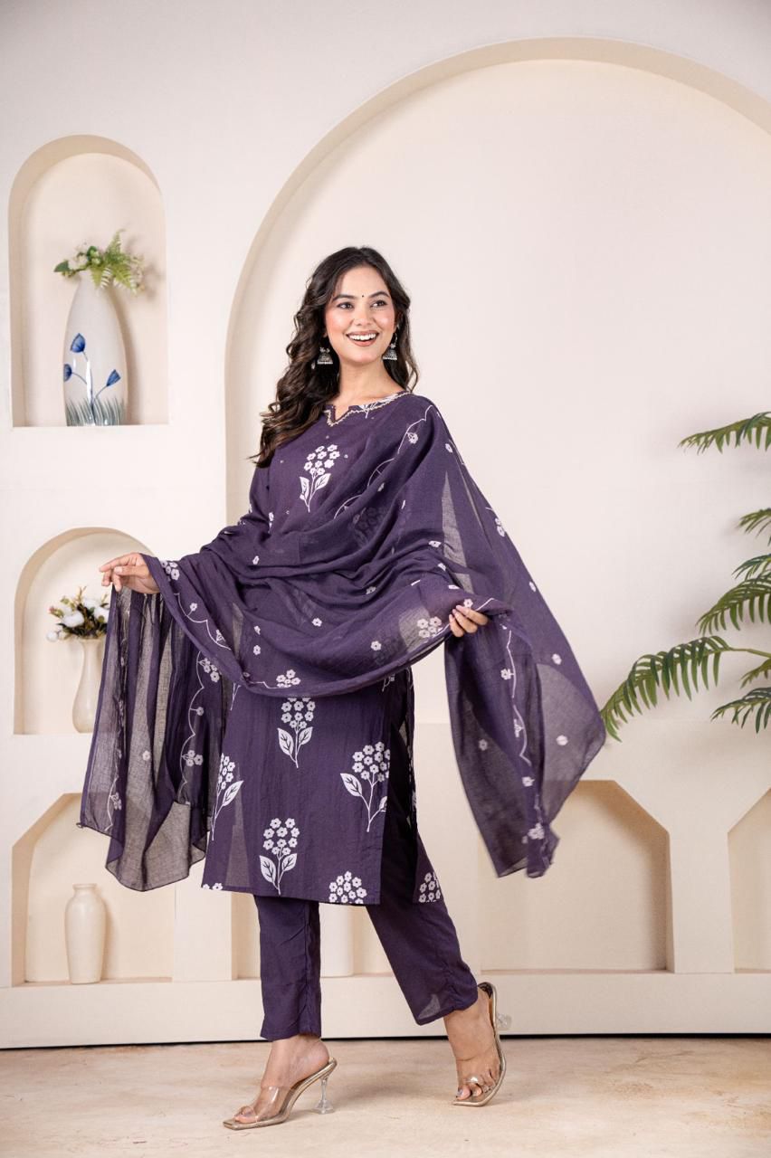 Pure Cotton Hand Work Kurta Pant Set with Dupatta for Women