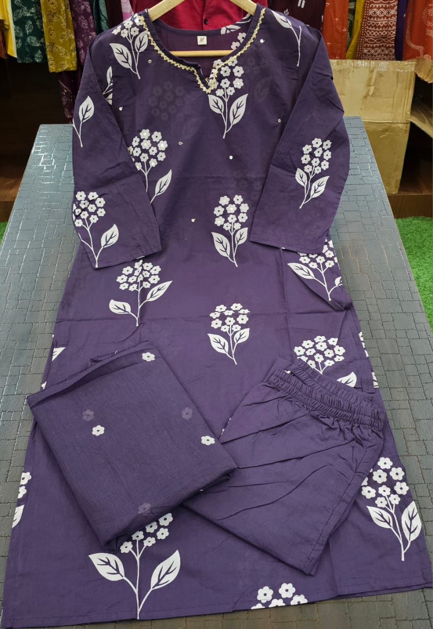 Pure Cotton Hand Work Kurta Pant Set with Dupatta for Women