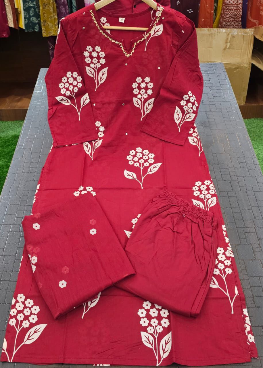 Pure Cotton Hand Work Kurta Pant Set with Dupatta for Women