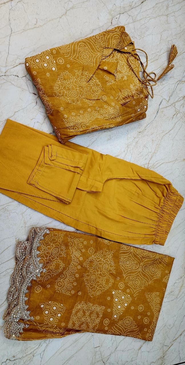 Goldenhour Medallion Bandhej Print Cotton Suit Set with Embroidery Work