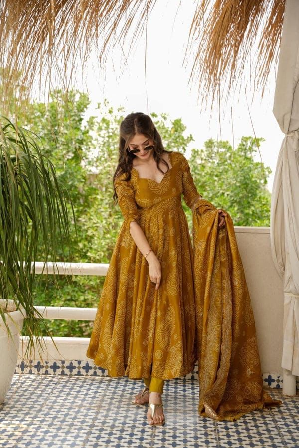 Goldenhour Medallion Bandhej Print Cotton Suit Set with Embroidery Work